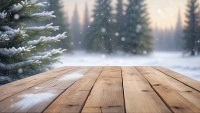 The primary subject of the image is a wooden bench covered in snow. The setting is a snowy forest, with trees visible in the background. The visual style is a digital art, creating a wintery and serene atmosphere. The dominant colors are white, from the snow, and brown, from the wooden bench.